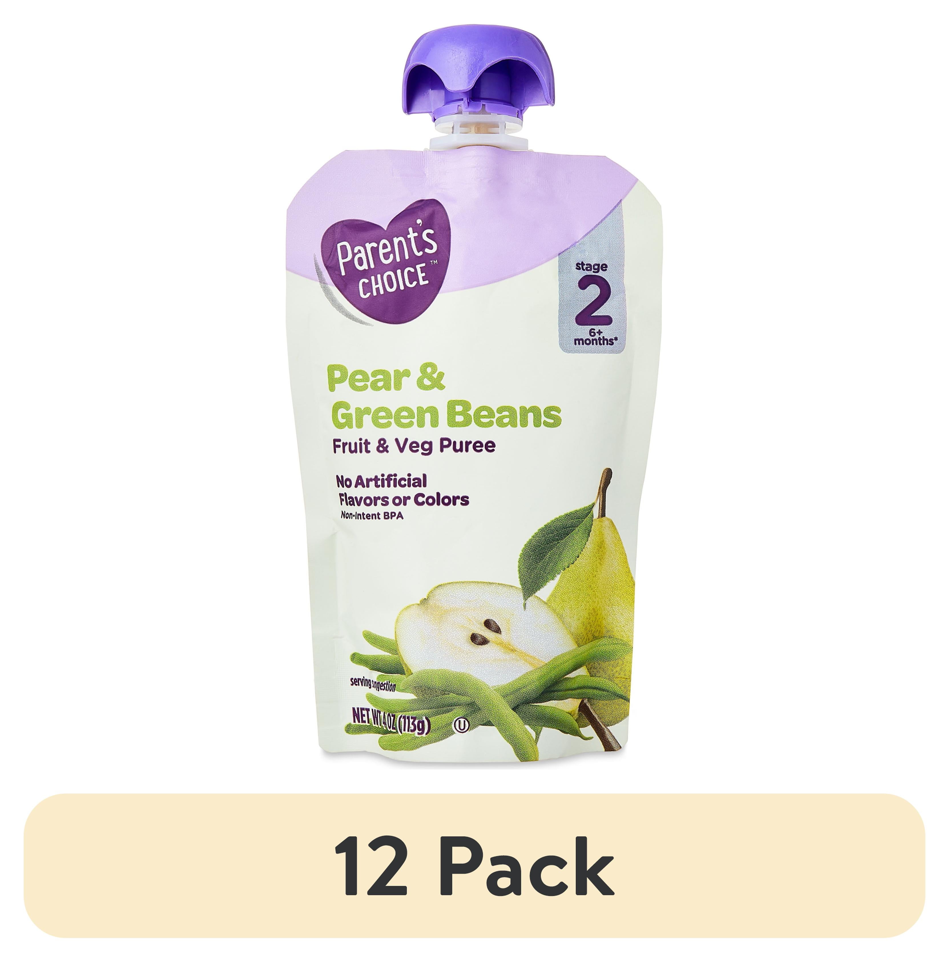 (12 pack) Parent's Choice Stage 2 Baby Food Pear and Green Beans Puree, 4 oz Pouch