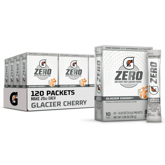(12 pack) Gatorade G Zero Sports Drink Glacier Cherry, Powdered Energy Drink Mix, 0.10 oz, 10 Count Packets