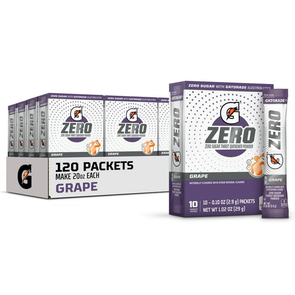 (12 pack) Gatorade G Zero Sports Drink Grape, Powdered Energy Drink Mix, 0.10 oz, 10 Count Packets