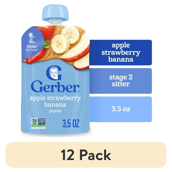 (12 pack) Gerber Stage 2 Baby Food, Apple Strawberry Banana Puree Pouch 3.5 oz