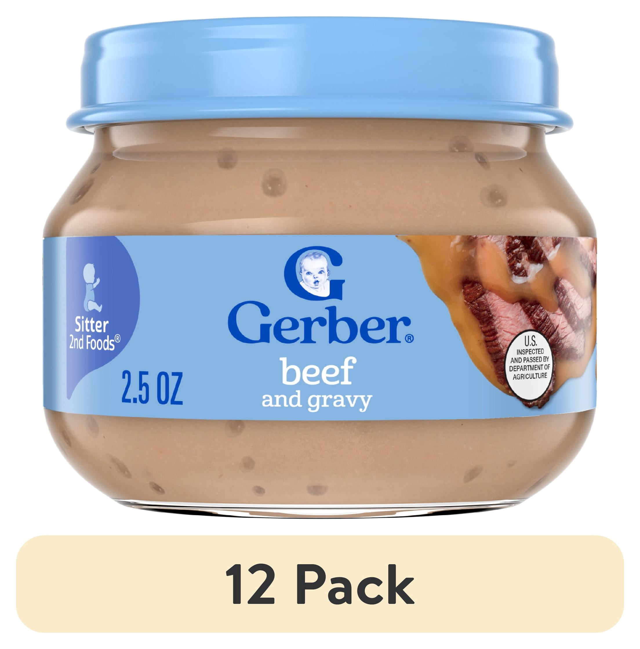 (12 pack) Gerber Stage 2 Baby Food, Baby Mealtime Beef and Gravy Jar, Baby Puree Jars Glass 2.5 oz