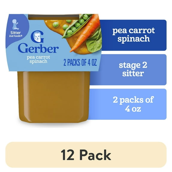 (12 pack) Gerber 2nd Foods Natural for Baby Veggie Power Baby Food, Pea Carrot Spinach, 4 oz Tubs (2 Pack)