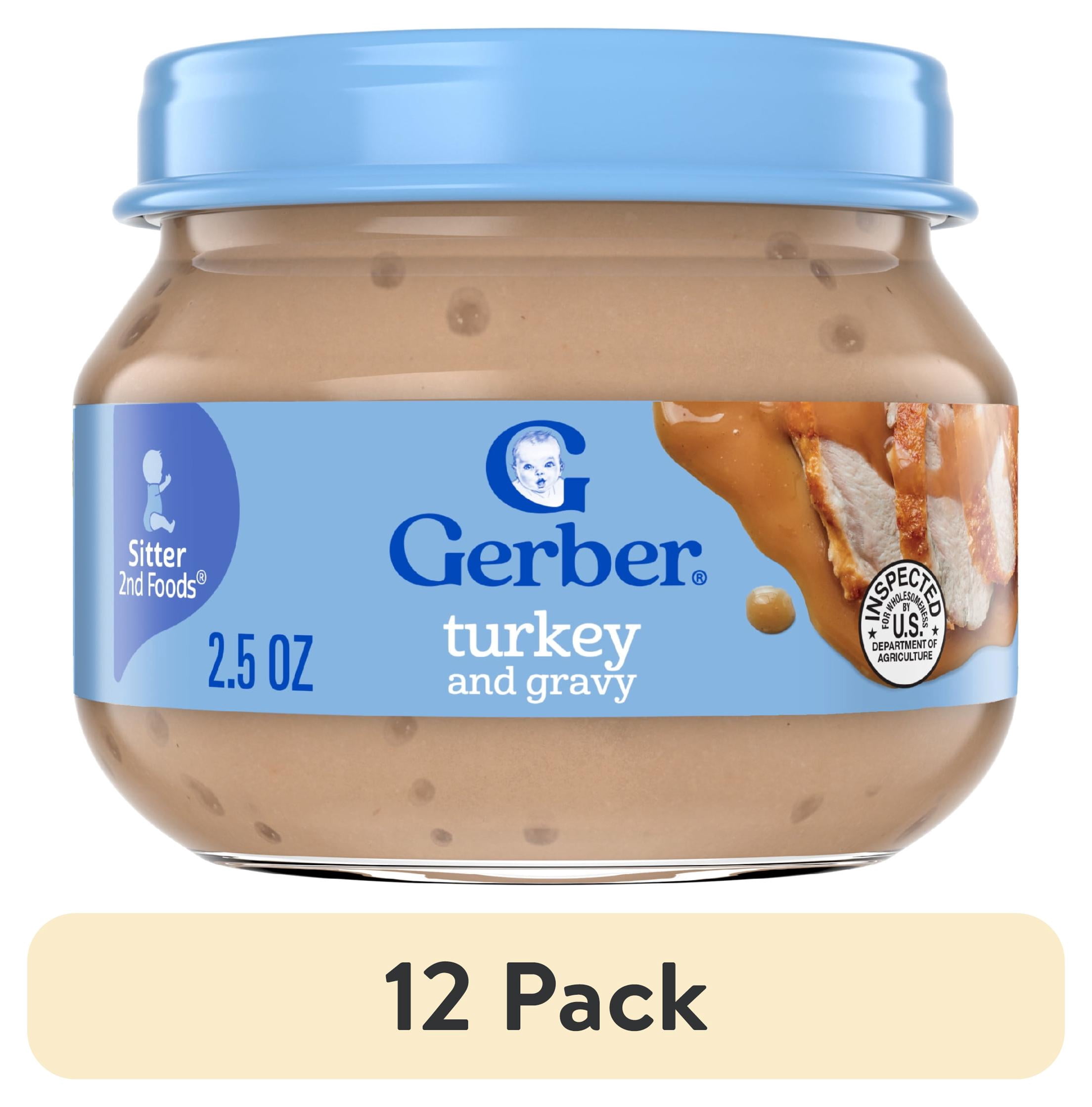 (12 pack) Gerber Stage 2 Baby Food Puree, Turkey and Gravy, Meat Puree, 2.5 oz Jar