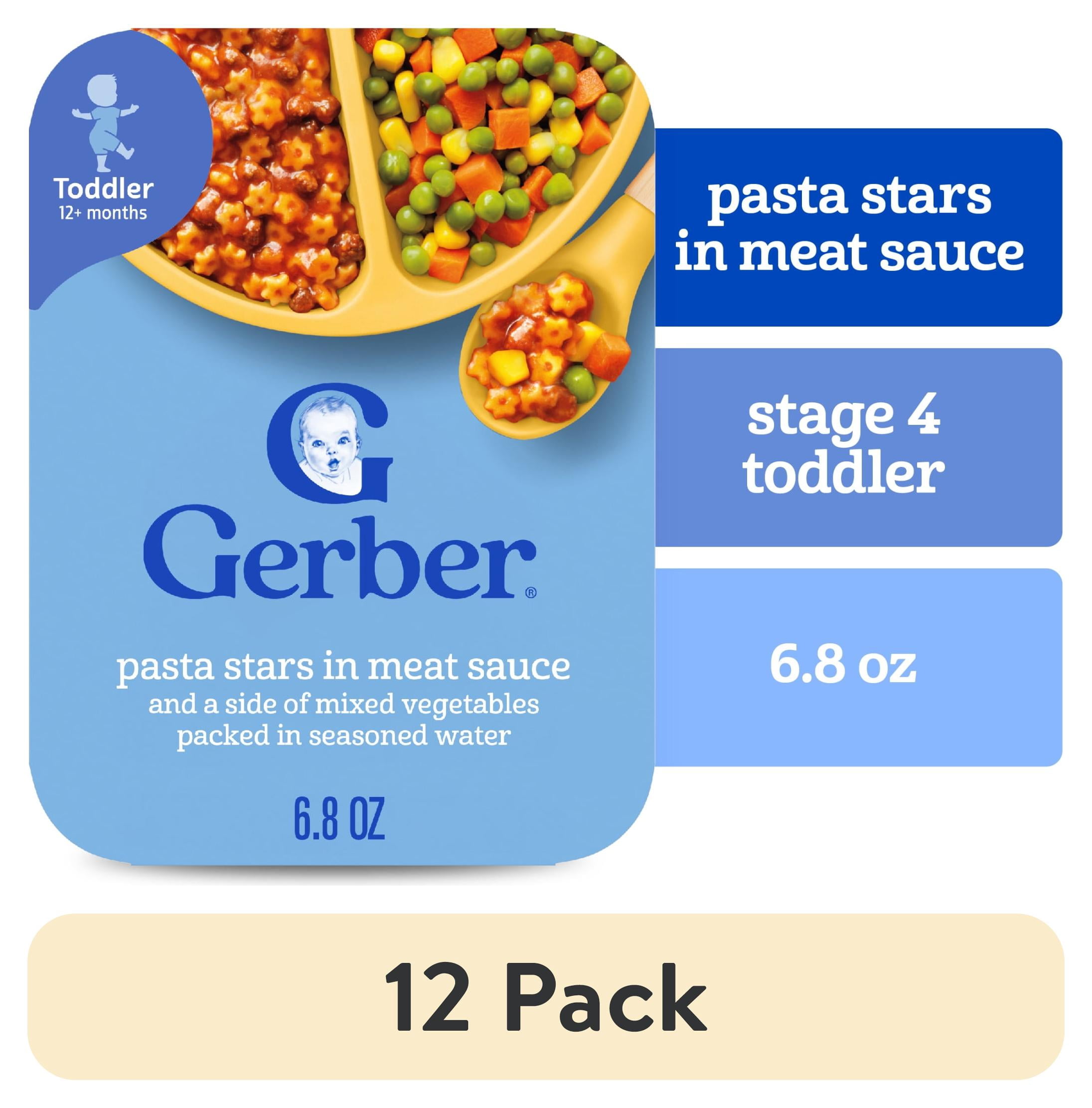 (12 pack) Gerber Mealtime for Toddler, Pasta Stars in Meat Sauce and a side of Mixed Vegetables, Toddler Food, 6.8 oz Tray