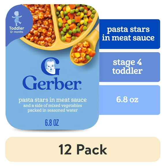 (12 pack) Gerber Mealtime for Toddler, Pasta Stars in Meat Sauce and a side of Mixed Vegetables, Toddler Food, 6.8 oz Tray