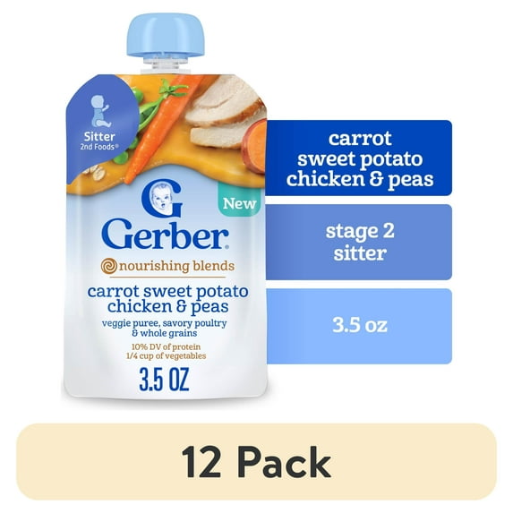 (12 pack) Gerber Stage 2 Baby Food, Carrot Sweet Potato Chicken & Peas, Baby Food Pouches, Puree 3.5 oz