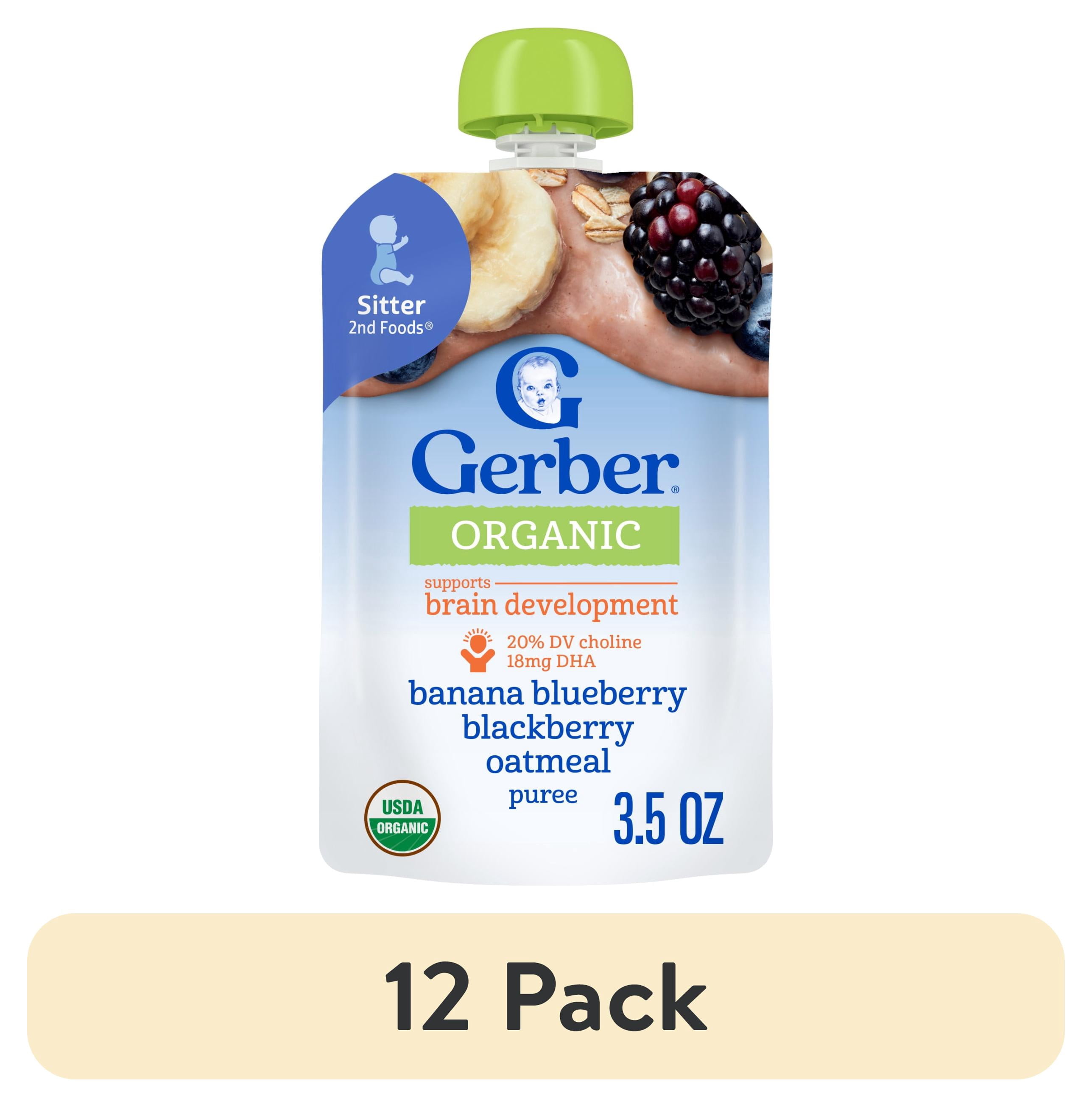 (12 pack) Gerber Stage 2 Baby Food, Organic Banana Blueberry Blackberry Oatmeal, Puree Baby Pouches