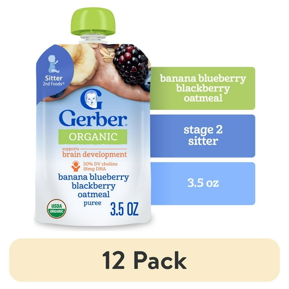 (12 pack) Gerber Stage 2 Baby Food, Organic Banana Blueberry Blackberry Oatmeal, Puree Baby Pouches