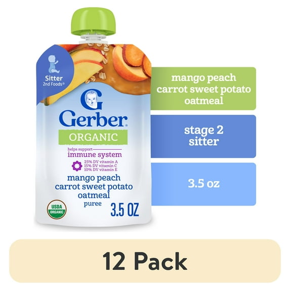 (12 pack) Gerber Organic for Toddler WonderFoods, Mango Peach Carrot Sweet Potato Oatmeal, 3.5 oz Pouch