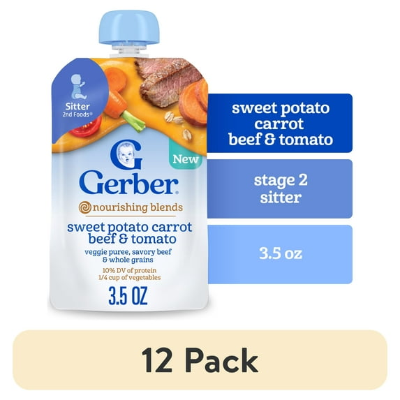 (12 pack) Gerber Stage 2 Baby Food, Sweet Potato Carrot Beef & Tomato, Baby Food Pouches, Puree 3.5 oz