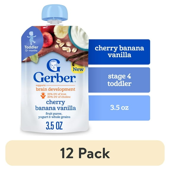(12 pack) Gerber Toddler Food, Cherry Banana Vanilla Puree Pouch, Fruit Yogurt & Whole Grain 3.5 oz