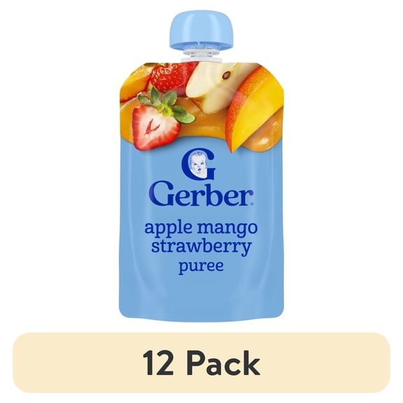 (12 pack) Gerber Stage 2 Baby Food, Apple Mango Strawberry, Puree Baby Pouches