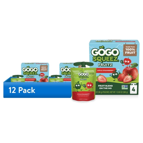 (12 pack) GoGo squeeZ No Sugar Added Apple Strawberry Applesauce Pouches, 3.2 oz (4 Pack)