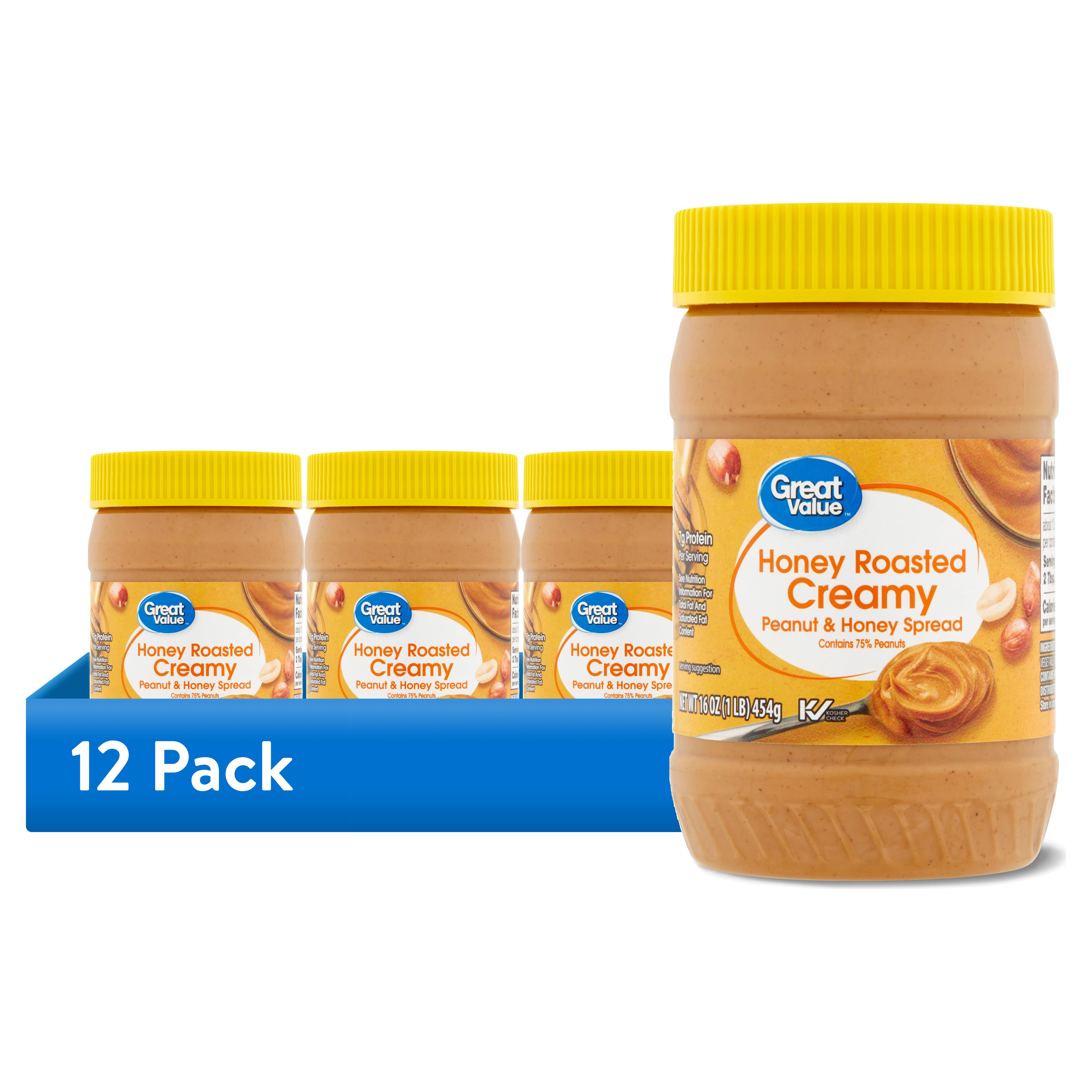 (12 pack) Great Value Honey Roasted Creamy Peanut and Honey Spread, 7 Grams of Protein, 16 oz