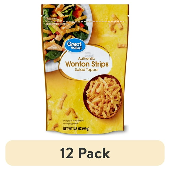(12 pack) Great Value Authentic Wonton Strips Salad Topping, 3.5 oz Resealable Bag, Salted