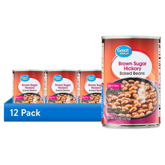 (12 pack) Great Value Brown Sugar Hickory Baked Beans, 15 oz Can