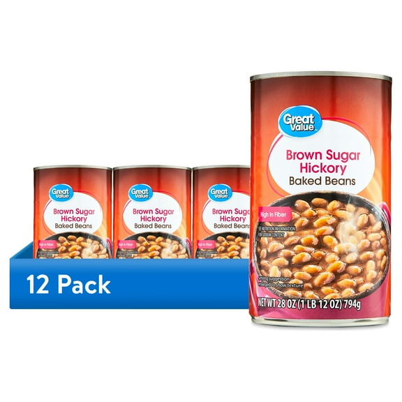(12 pack) Great Value Brown Sugar Hickory Baked Beans, 28 oz Can