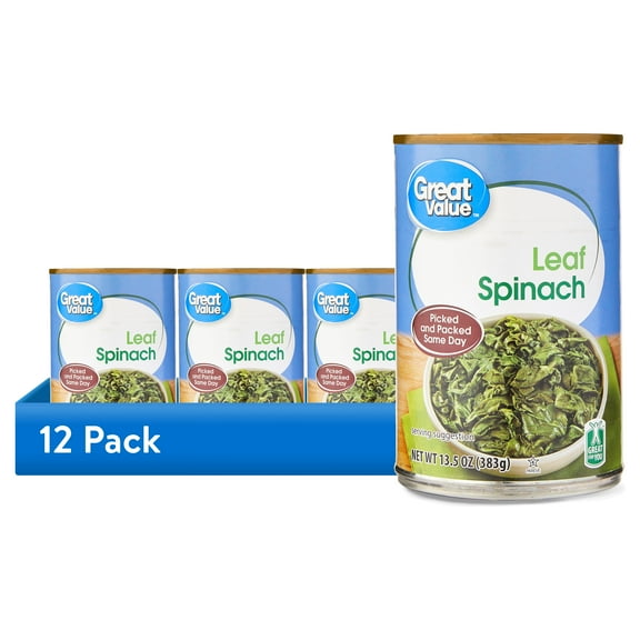 (12 pack) Great Value Canned Leaf Spinach, 13.5 oz Can
