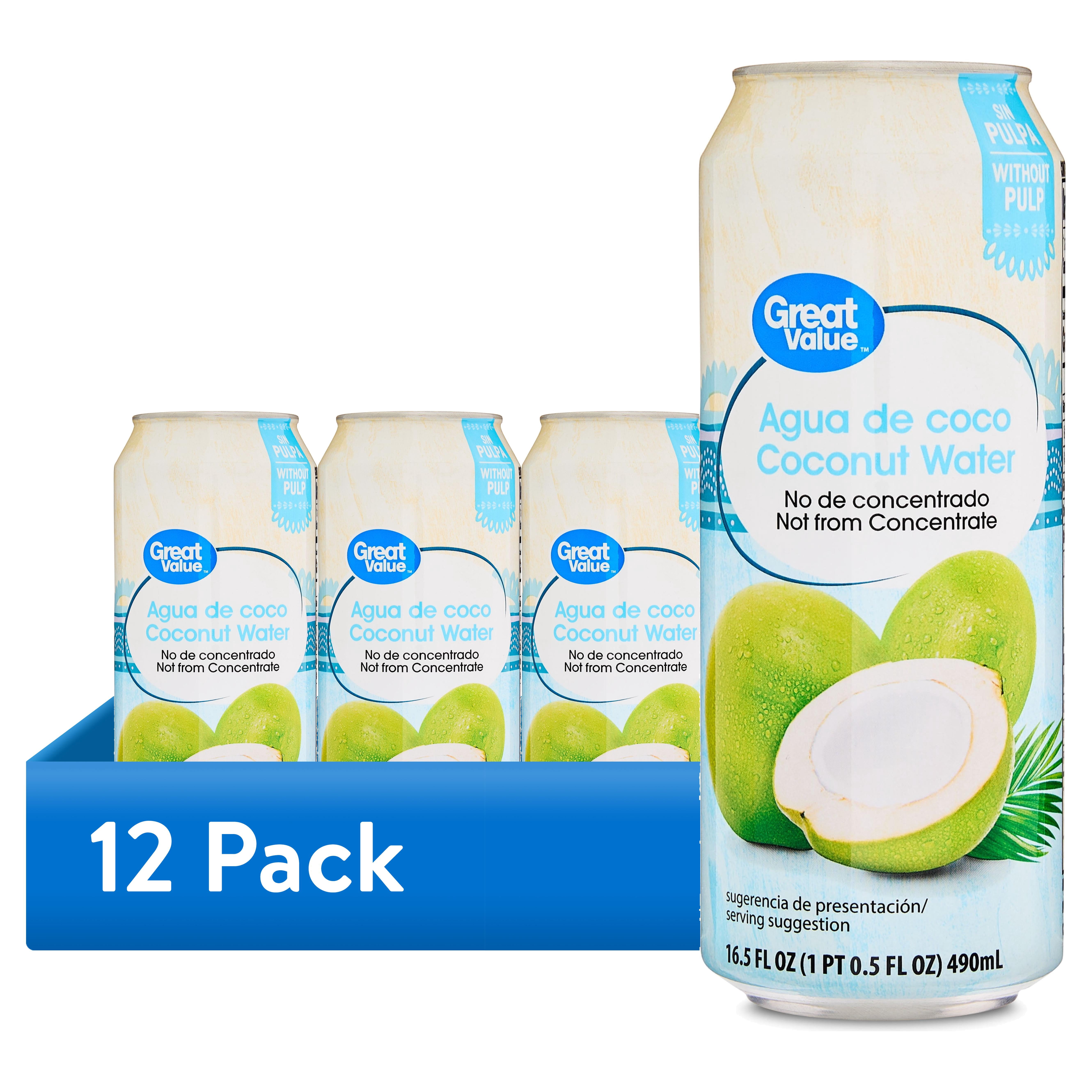 (12 pack) Great Value Coconut Water, Essential Electrolytes, 16.6 oz