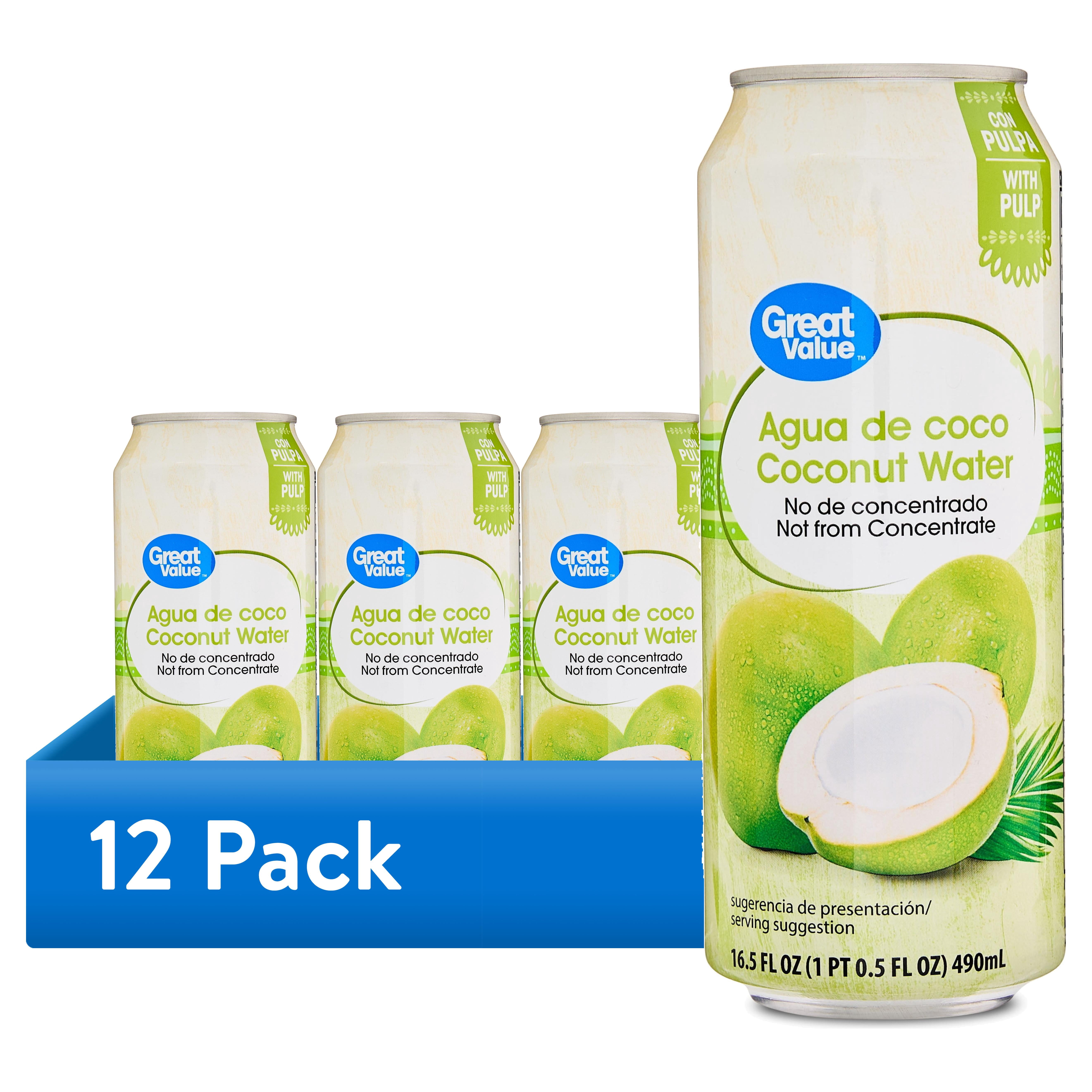 (12 pack) Great Value Coconut Water with Pulp, Essential Electrolytes, 16.6 oz