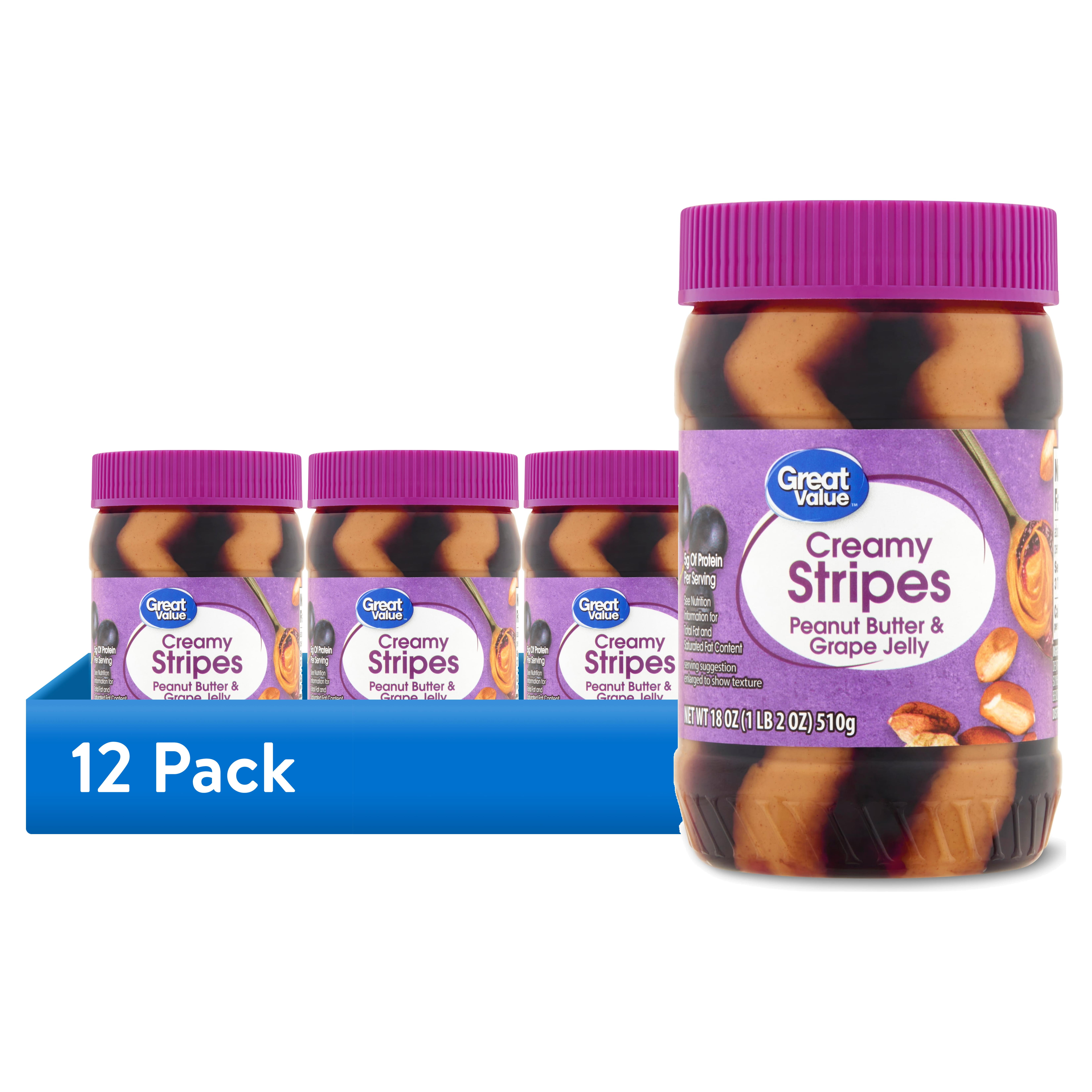 (12 pack) Great Value Creamy Stripes Peanut Butter & Grape Jelly, 18 oz