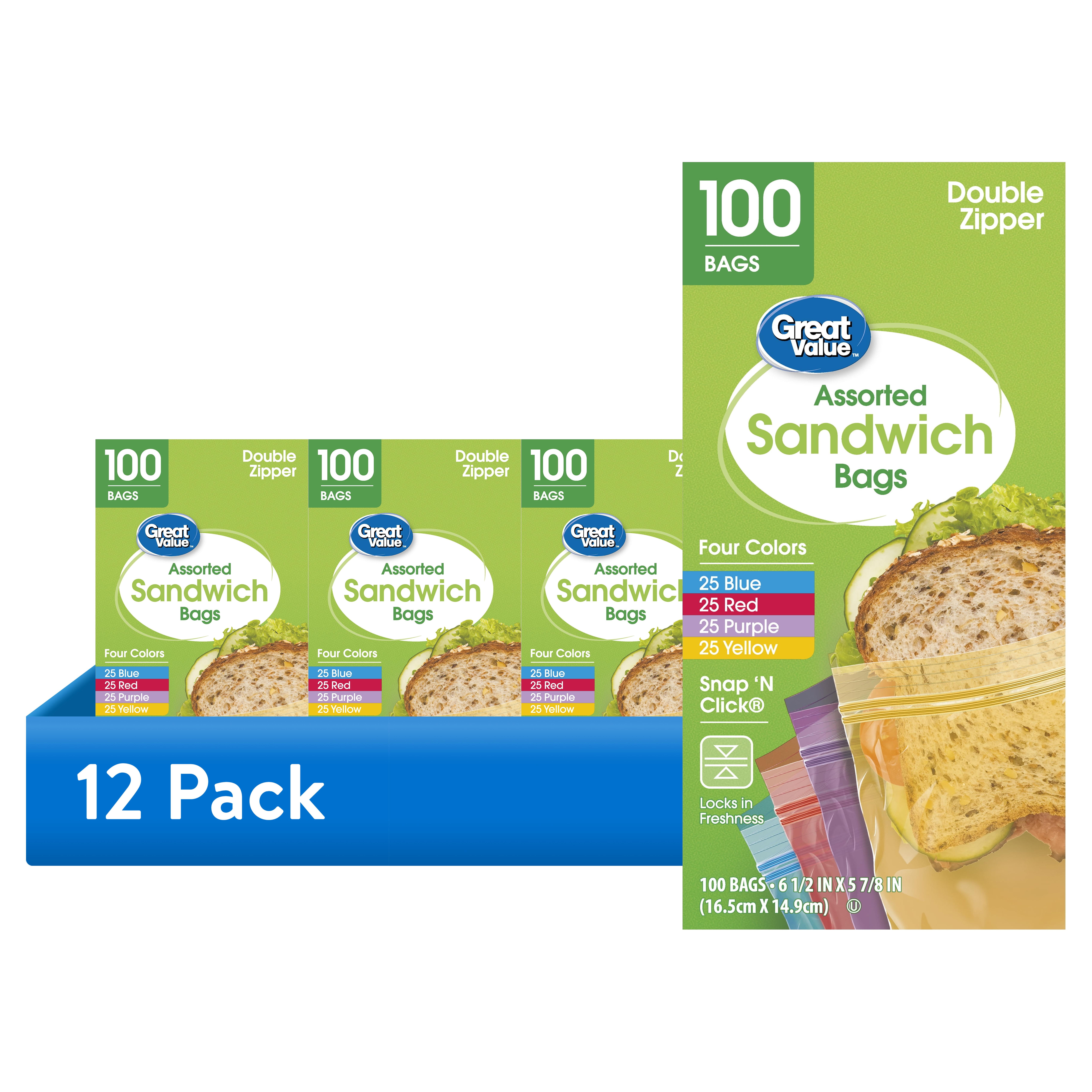 (12 pack) Great Value Double Zipper Sandwich Bags, Assorted Colors, 100 Count