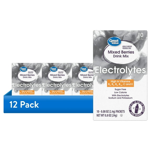 (12 pack) Great Value Electrolyte Mixed Berries Liquid Drink Mix, Sugar-Free, 0.85 oz, 10 Count