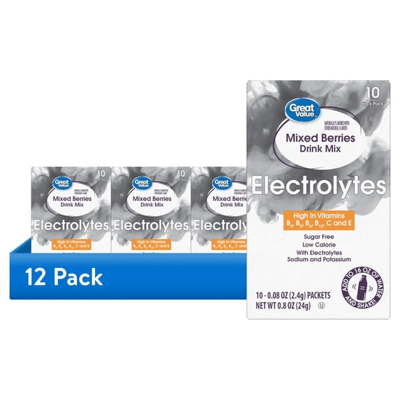 (12 pack) Great Value Electrolyte Mixed Berries Liquid Drink Mix, Sugar-Free, 0.85 oz, 10 Count