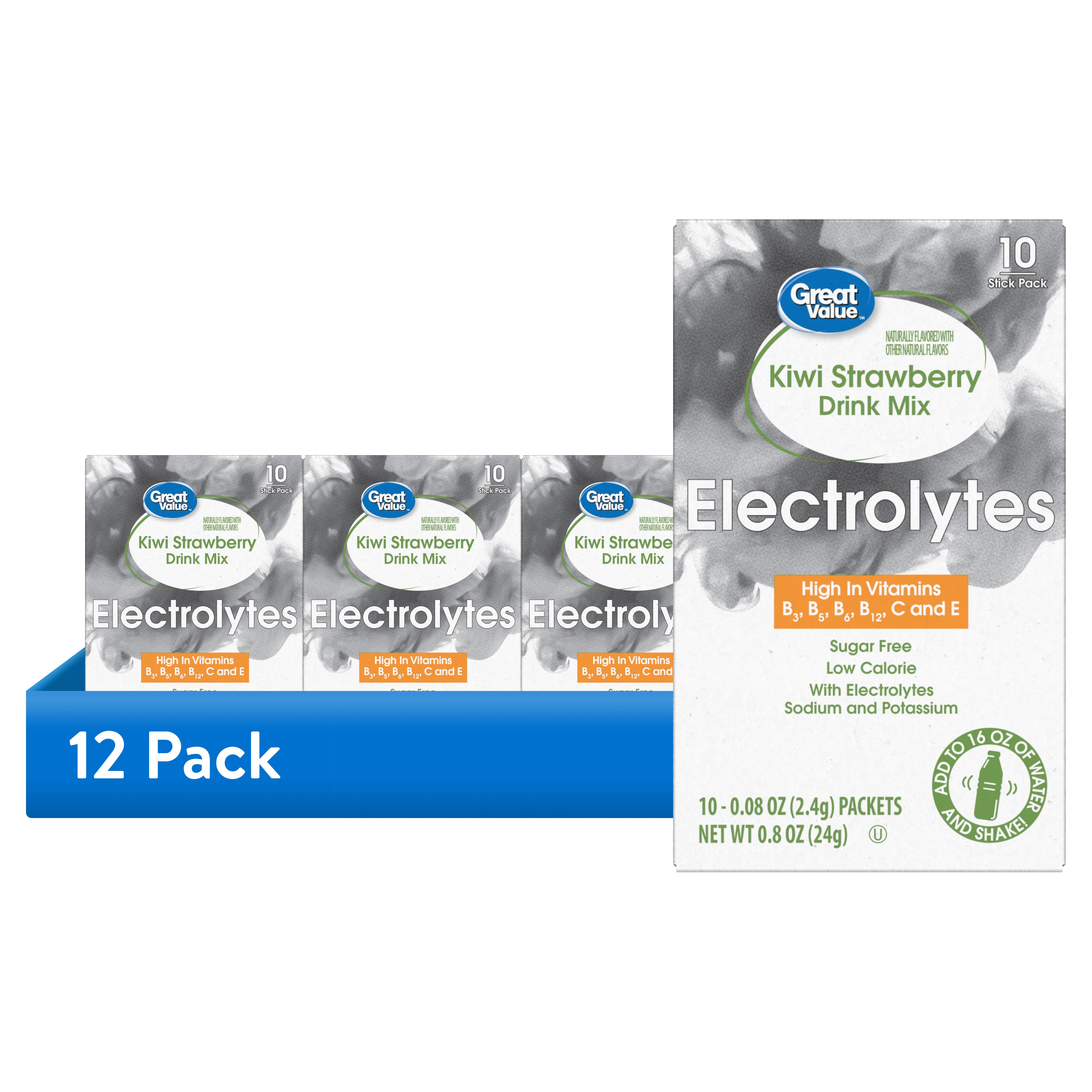 (12 pack) Great Value Electrolyte Vitamin Enhanced Strawberry Kiwi Drink Mix, 0.08 oz, 10 Count