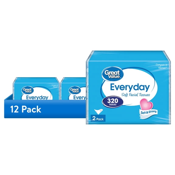 (12 pack) Great Value Everyday Soft Facial Tissues, 2 Flat Cartons, 160 Tissues per Flat, 2-Ply, Compare to Kleenex