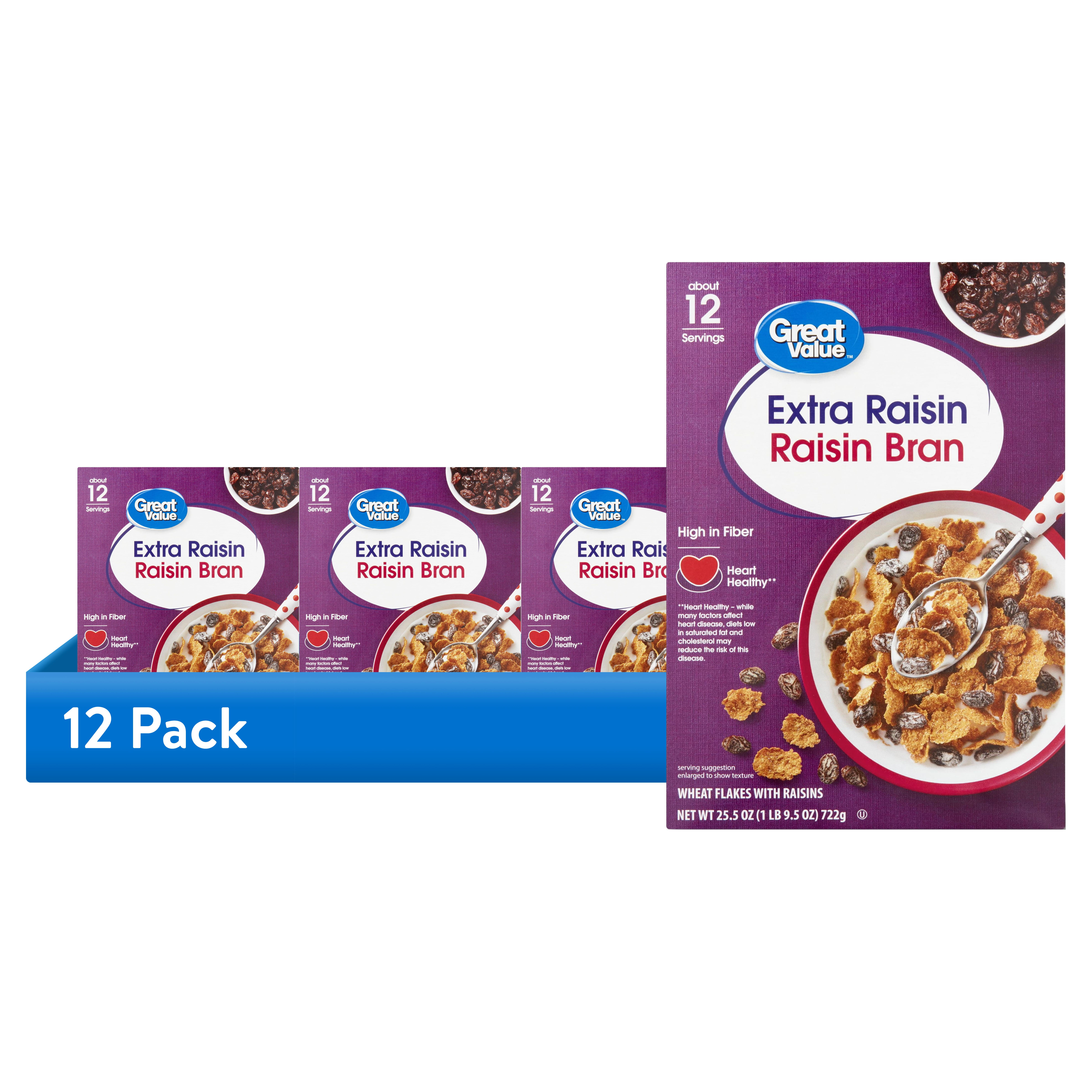 (12 pack) Great Value Extra Raisin Bran, Wheat Flakes Cereal, 25.5 oz