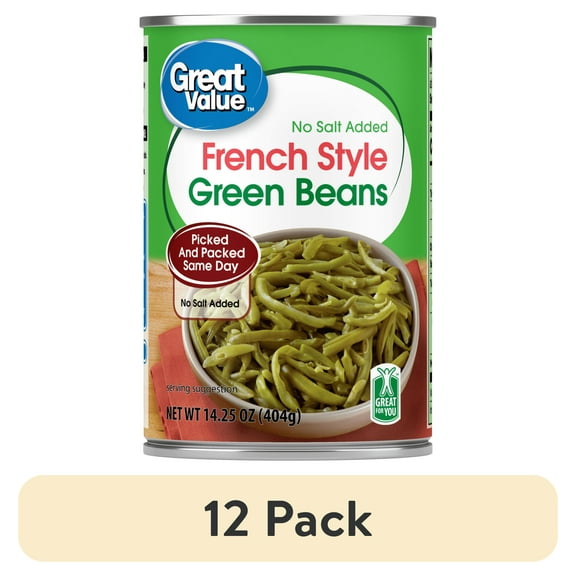 (12 pack) Great Value French Style Green Beans, No Salt Added, Gluten-Free, 14.25 oz