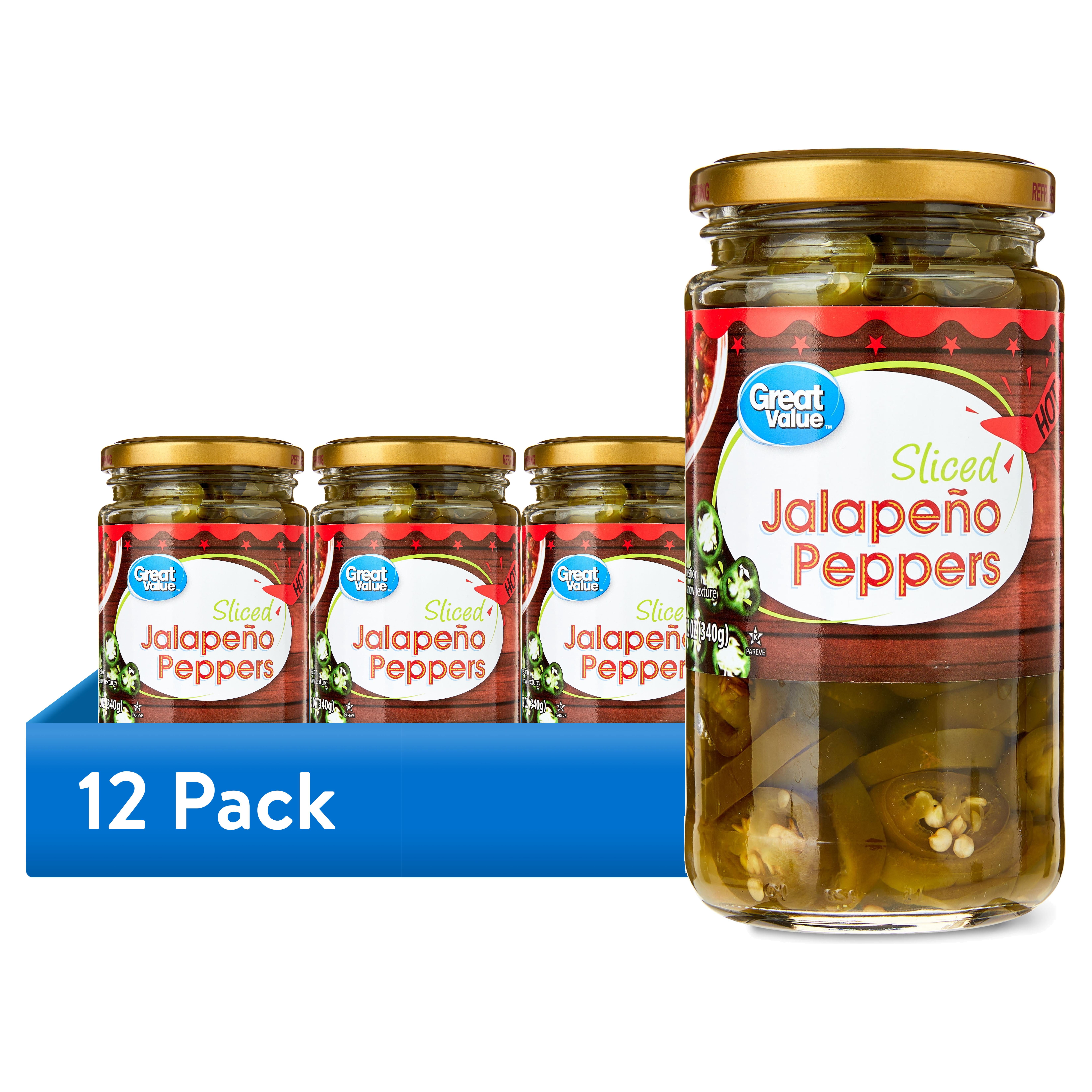 (12 pack) Great Value Hot Sliced Jalapeño Peppers, 12 oz