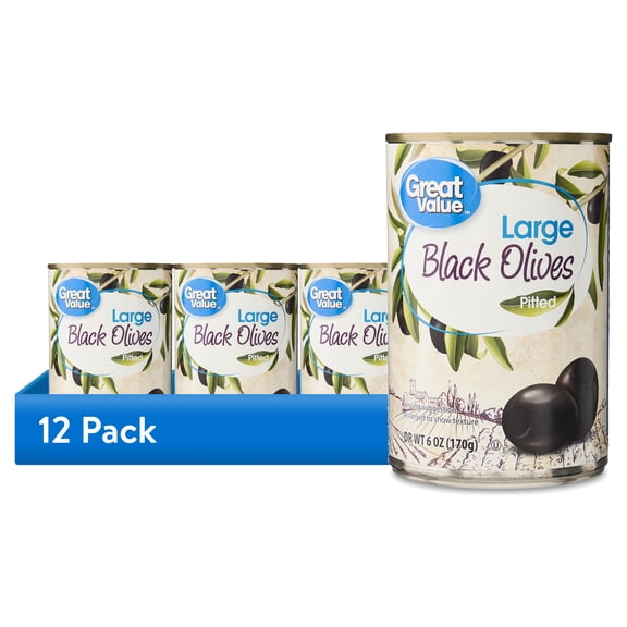 (12 pack) Great Value Large Pitted Black Olives, 6 oz