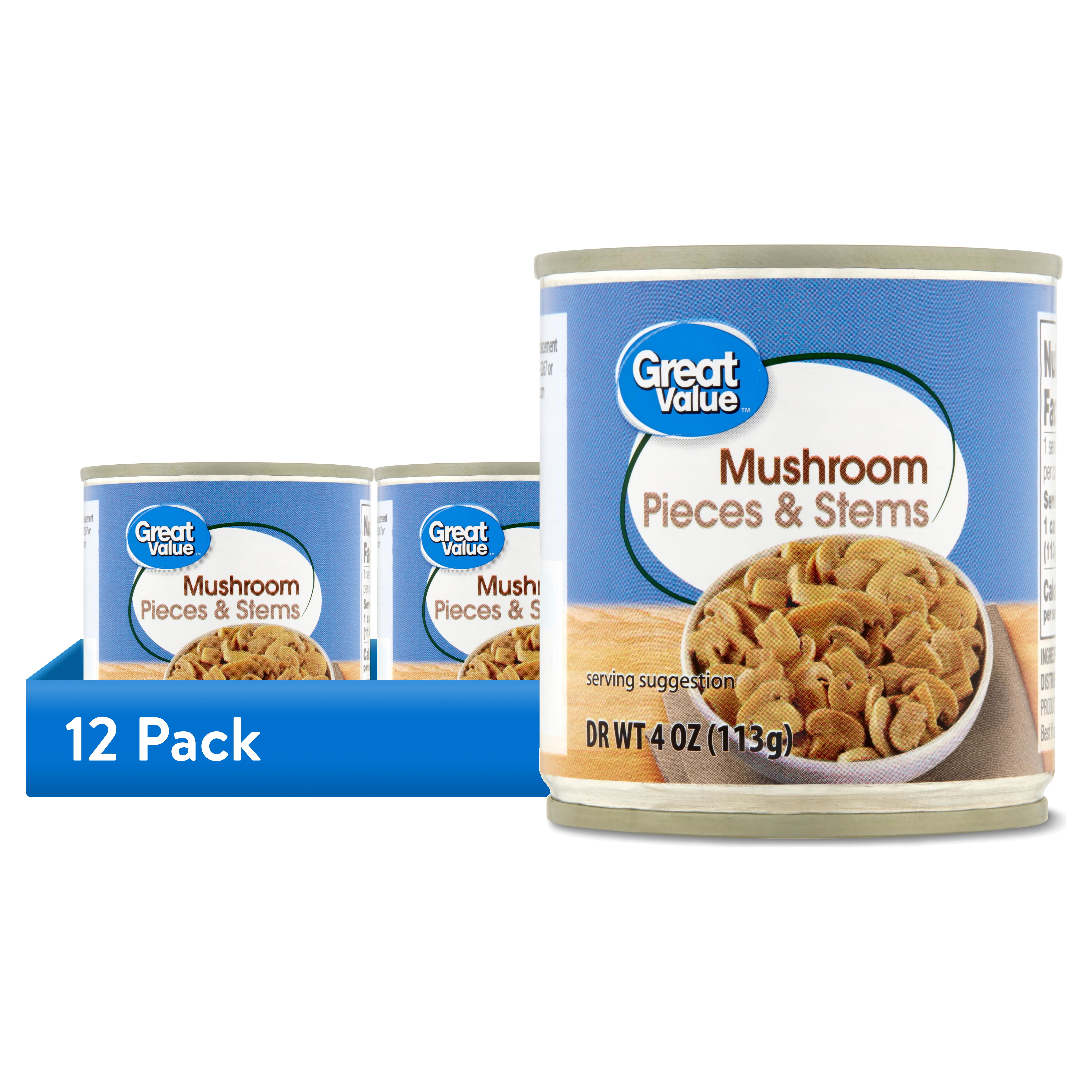 (12 pack) Great Value Mushrooms Pieces and Stems, 4 oz