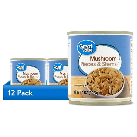 (12 pack) Great Value Mushrooms Pieces and Stems, 4 oz
