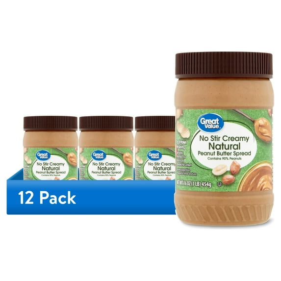 (12 pack) Great Value Natural No Stir Creamy Peanut Butter, 16 oz