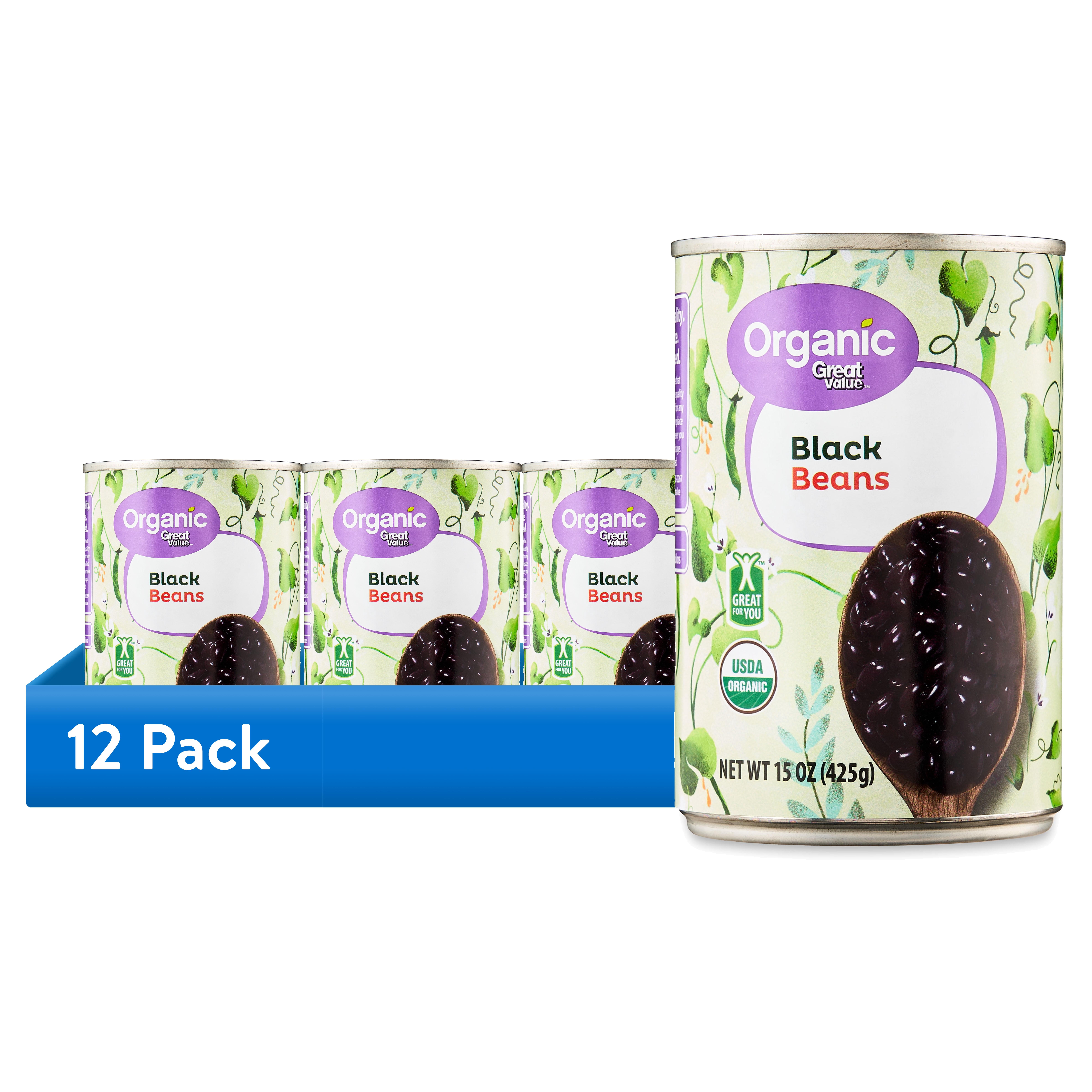 (12 pack) Great Value Organic Black Beans, Canned, 15 oz