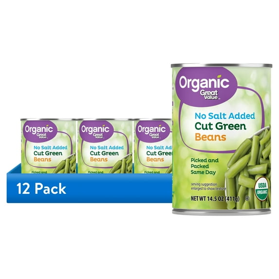 (12 pack) Great Value Organic No Salt Added Cut Green Beans, 14.5 oz Can