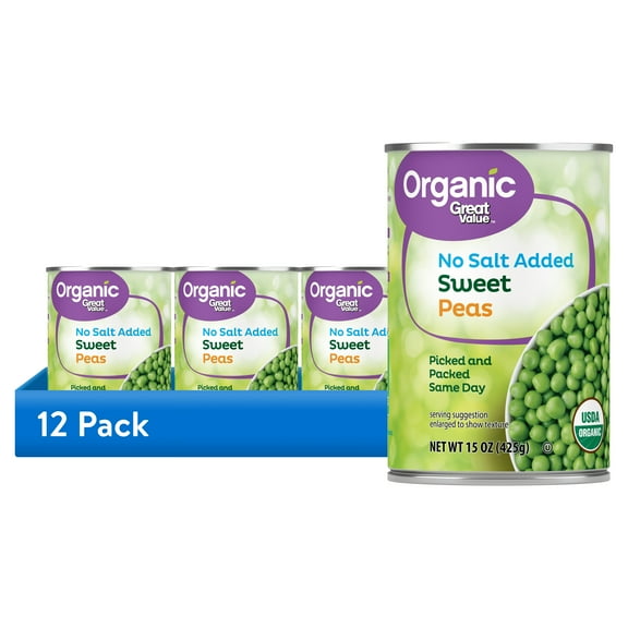 (12 pack) Great Value Organic Sweet Peas No Salt Added, 15 oz