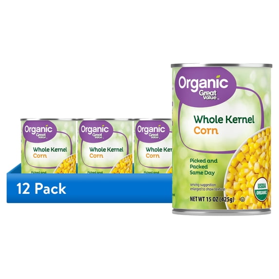 (12 pack) Great Value Organic Whole Kernel Corn, 15 oz Can