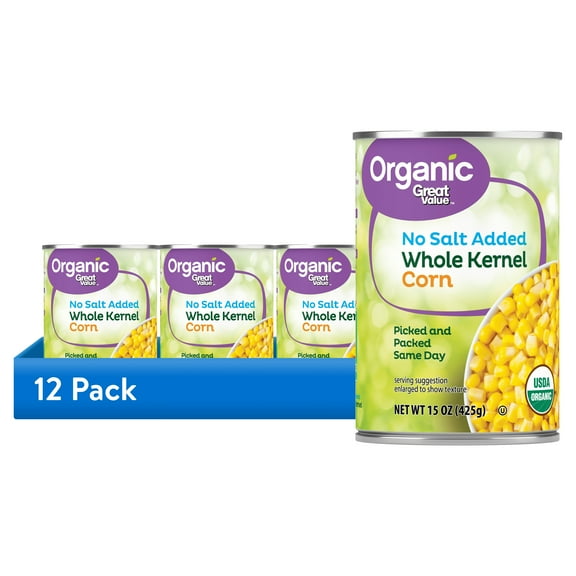 (12 pack) Great Value Organic Whole Kernel Corn, No Salt Added, 15 oz