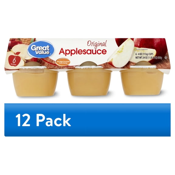 (12 pack) Great Value Original Applesauce, 4 oz, 6 Count