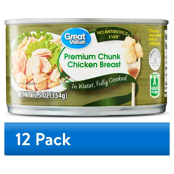 (12 pack) Great Value Premium Chunk Chicken Breast, No Antibiotics Ever, 12.5 Ounce Can
