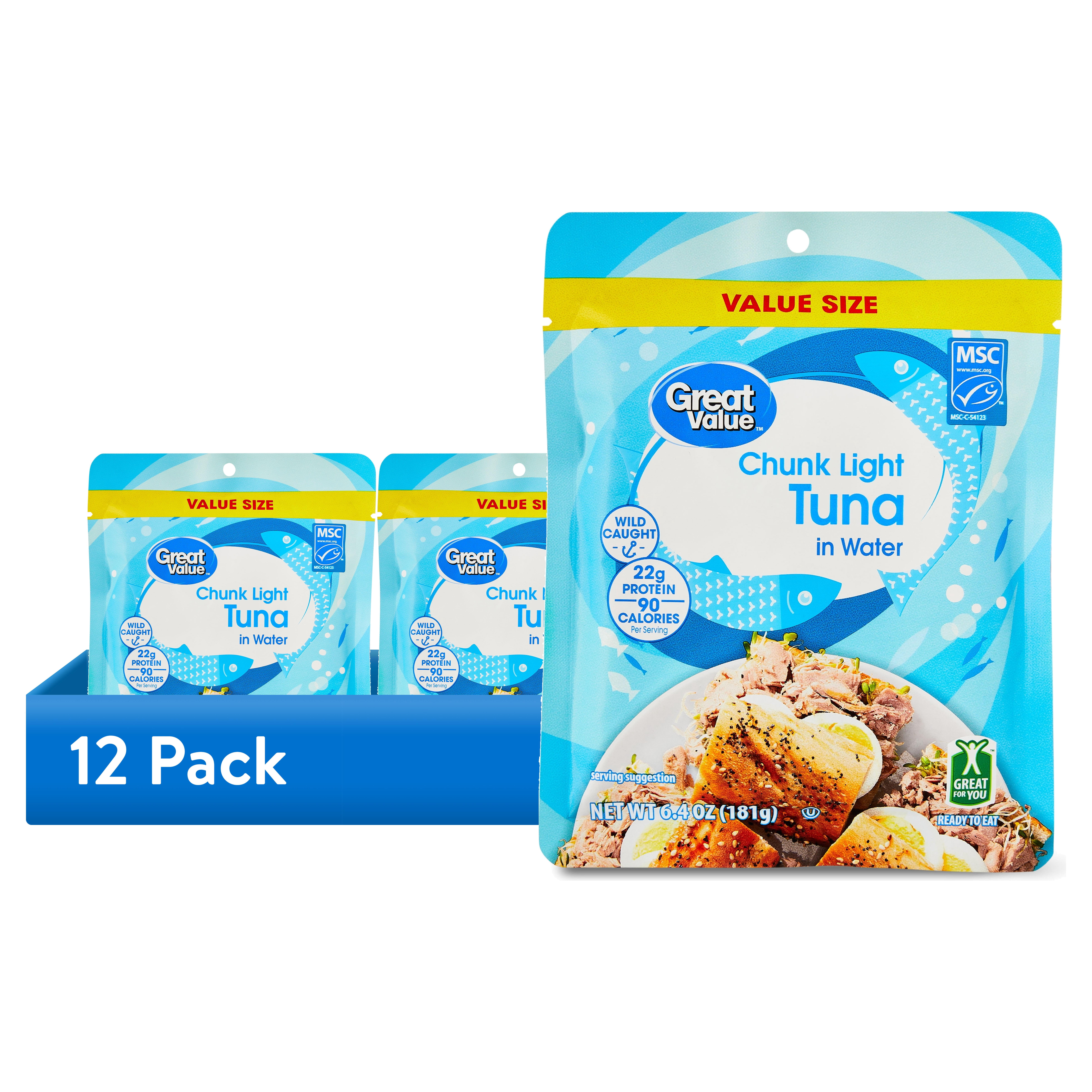 (12 pack) Great Value Premium Wild Caught Chunk Light Tuna in Water, 6.4 oz Pouch