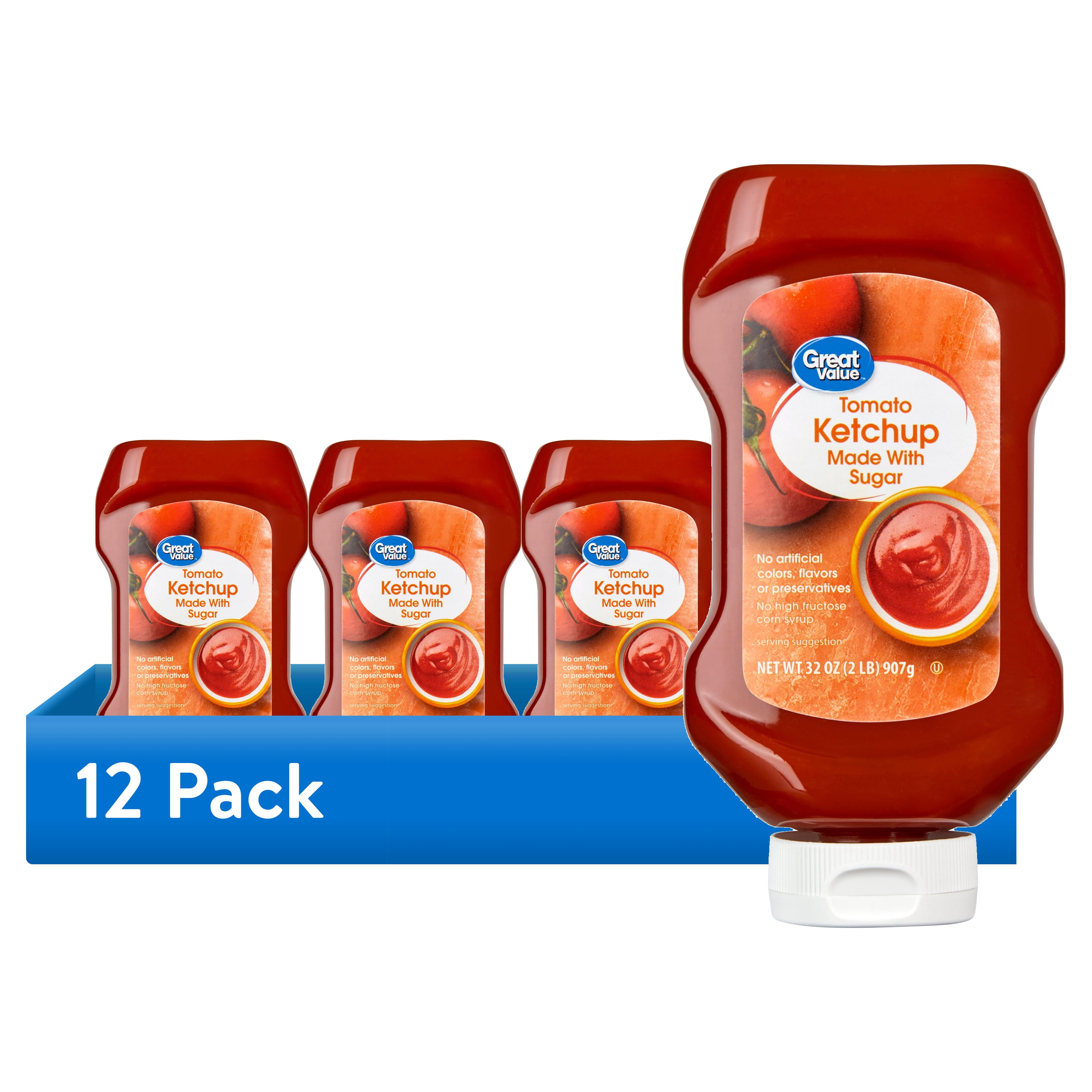 (12 pack) Great Value Real Sugar Tomato Ketchup, 32 oz