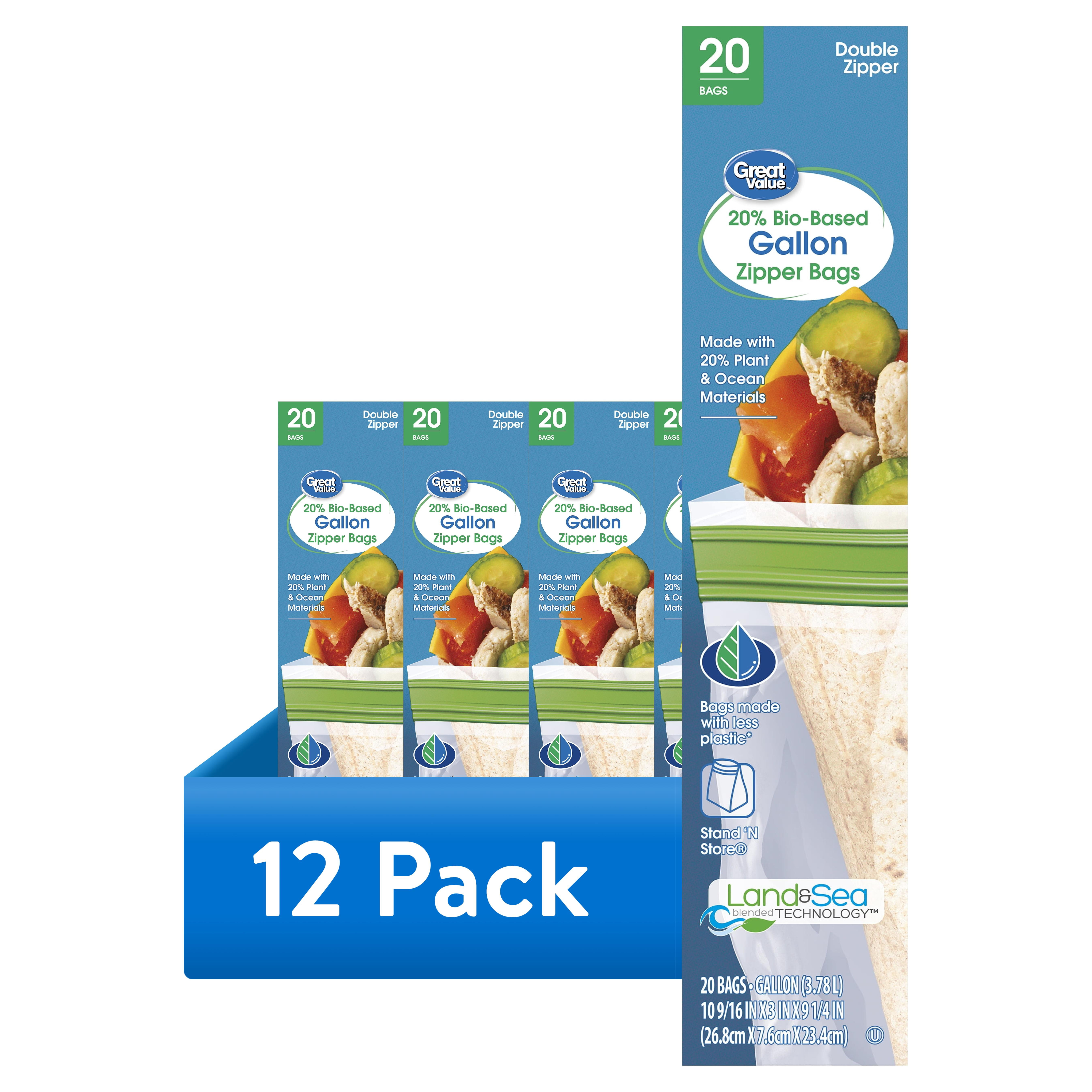 (12 pack) Great Value Reclosable Gallon Bags, Made with Bio-Based Materials, 20 Count