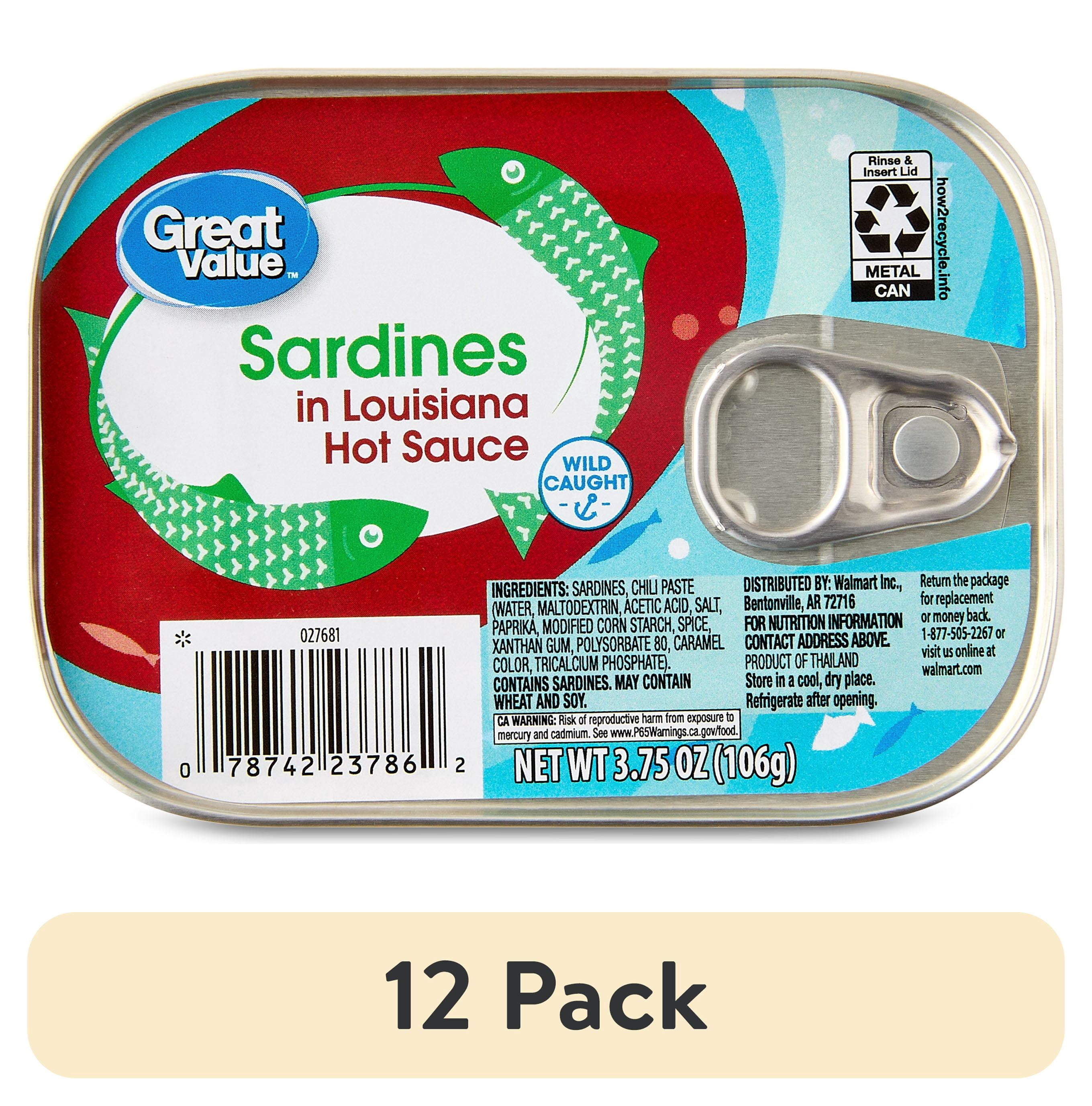 (12 pack) Great Value Sardines in Louisiana Hot Sauce, 3.75 oz