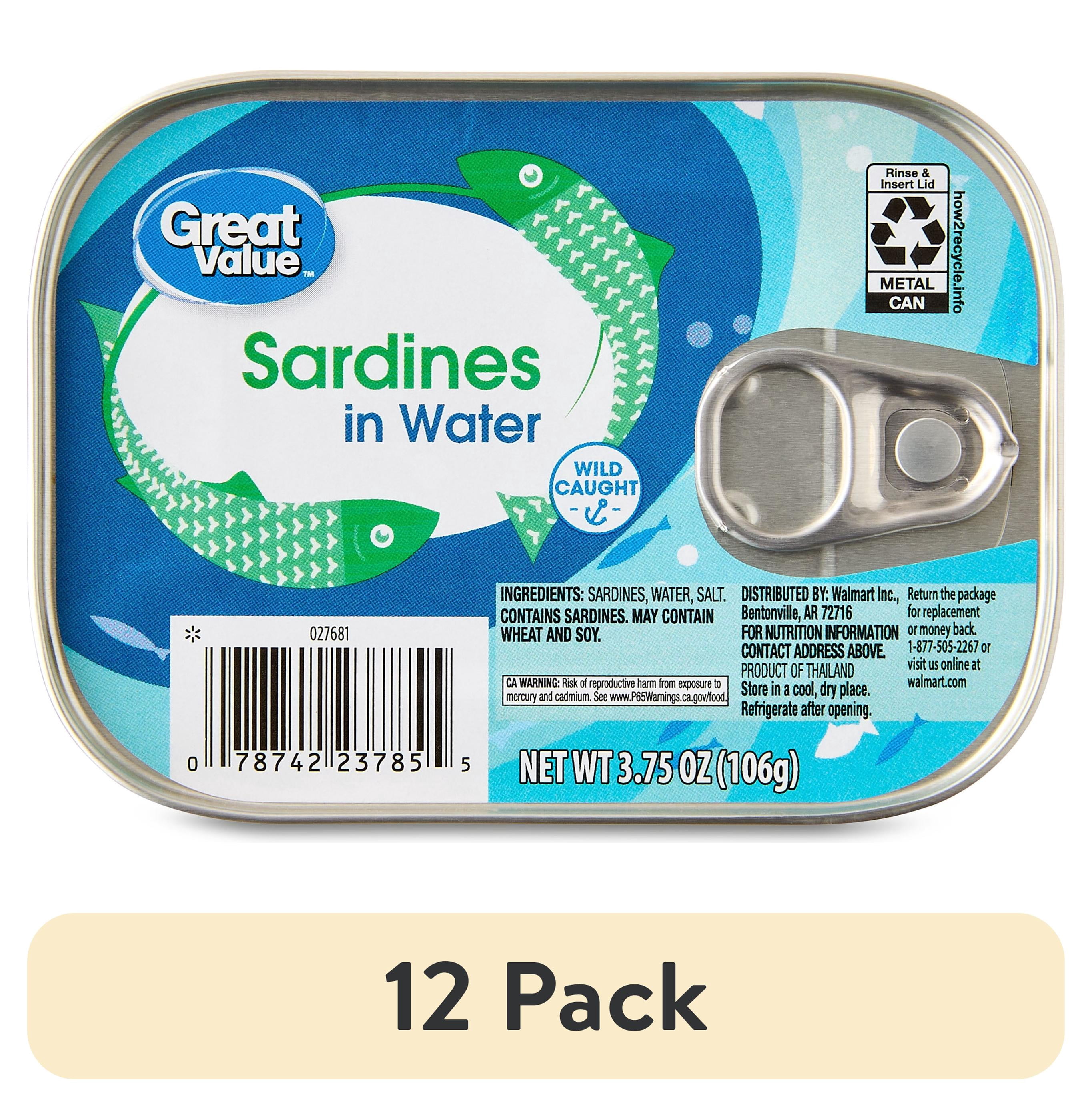 (12 pack) Great Value Sardines in Water, 3.75 oz
