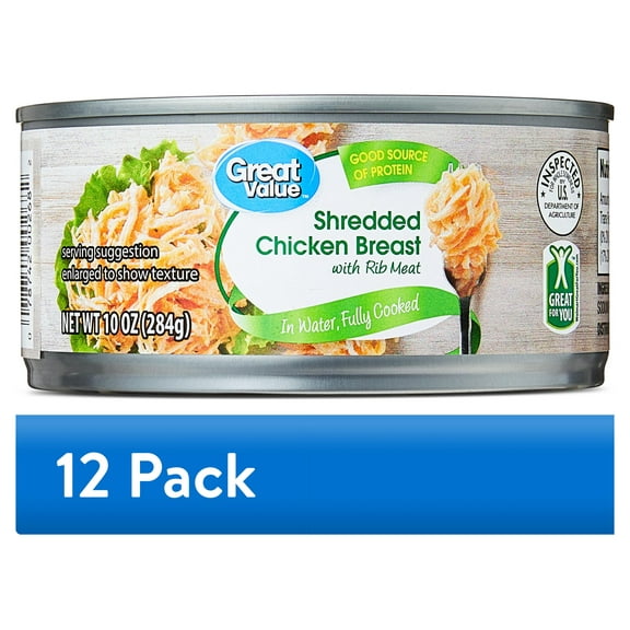 (12 pack) Great Value Shredded Chicken Breast with Rib Meat, 10 oz Can